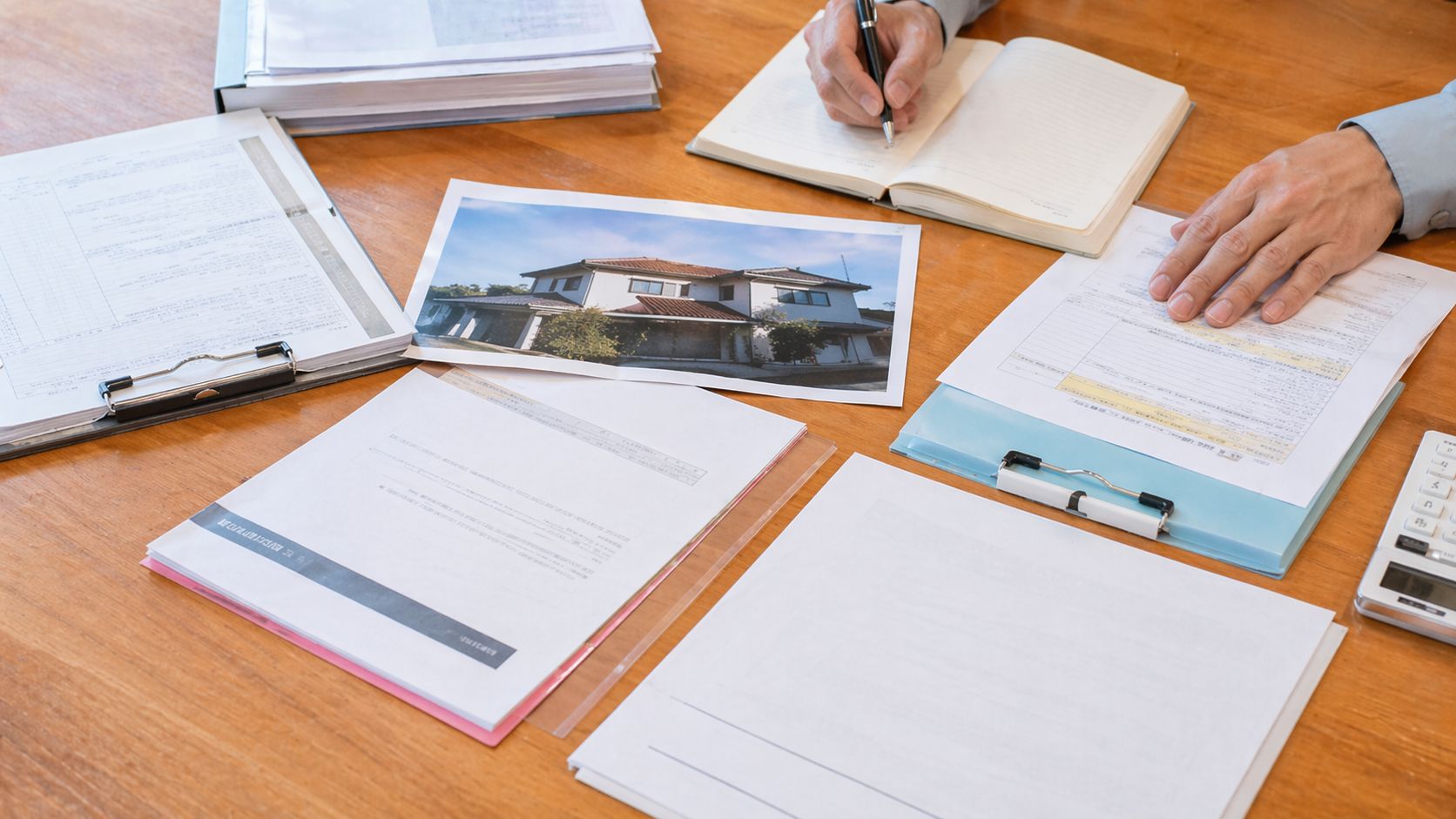 補助金確認の書類と相談風景