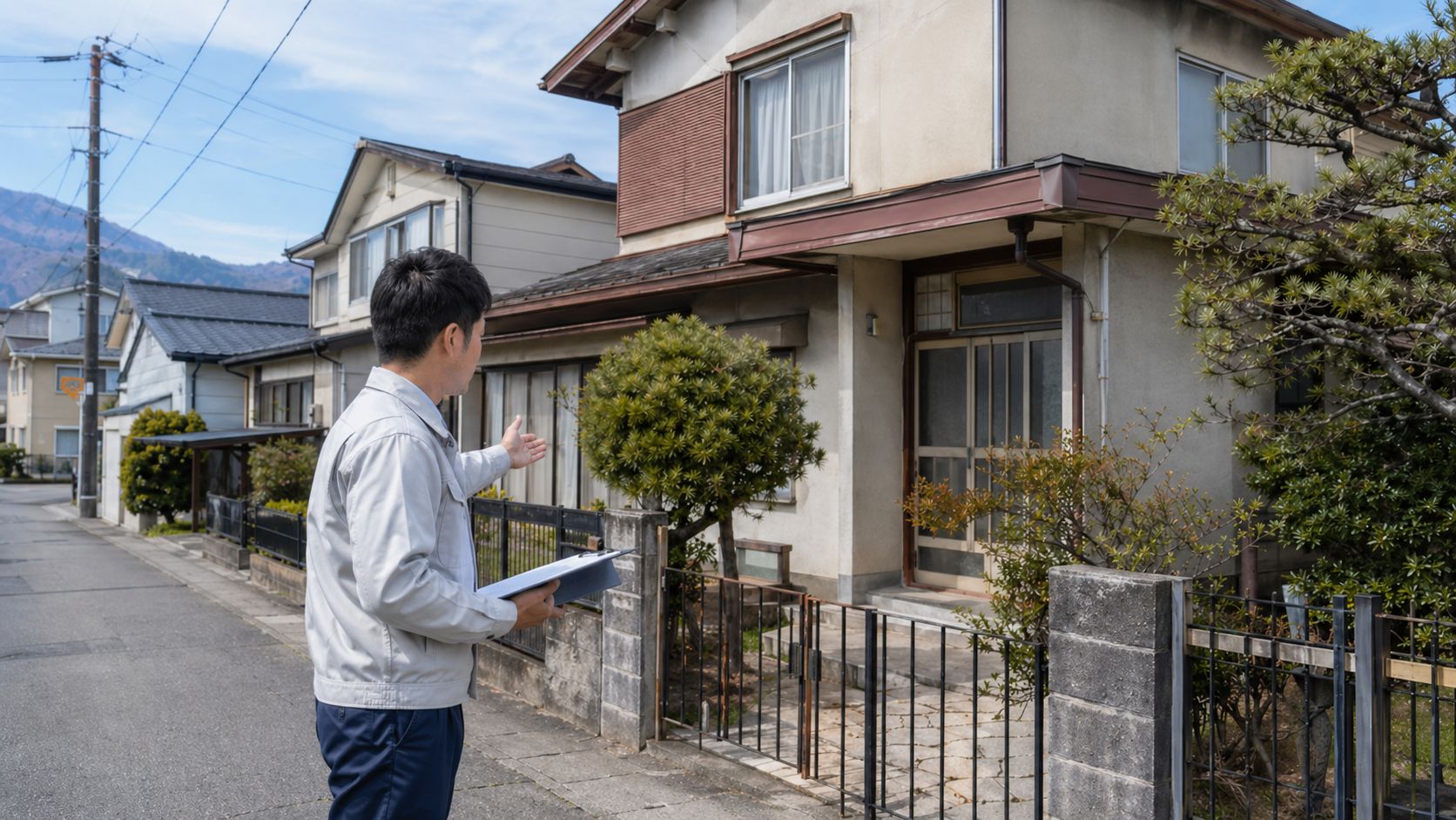 住宅街で解体工事前の現地確認を行うスタッフのイメージ