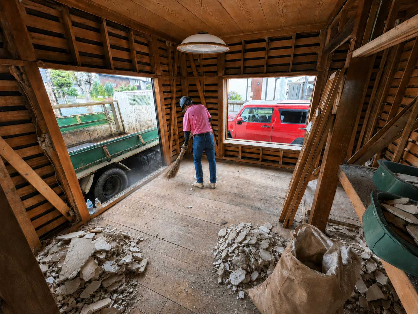 内装材を分別しながら整理している住宅解体現場